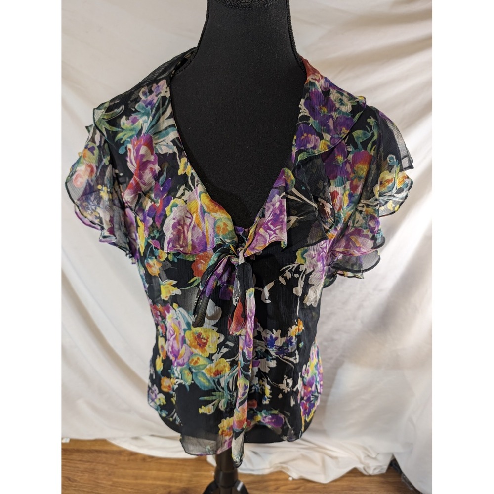 Lauren Ralph Lauren Blouse PM Black Floral 100% Silk Ruffle Sheer Fairycore